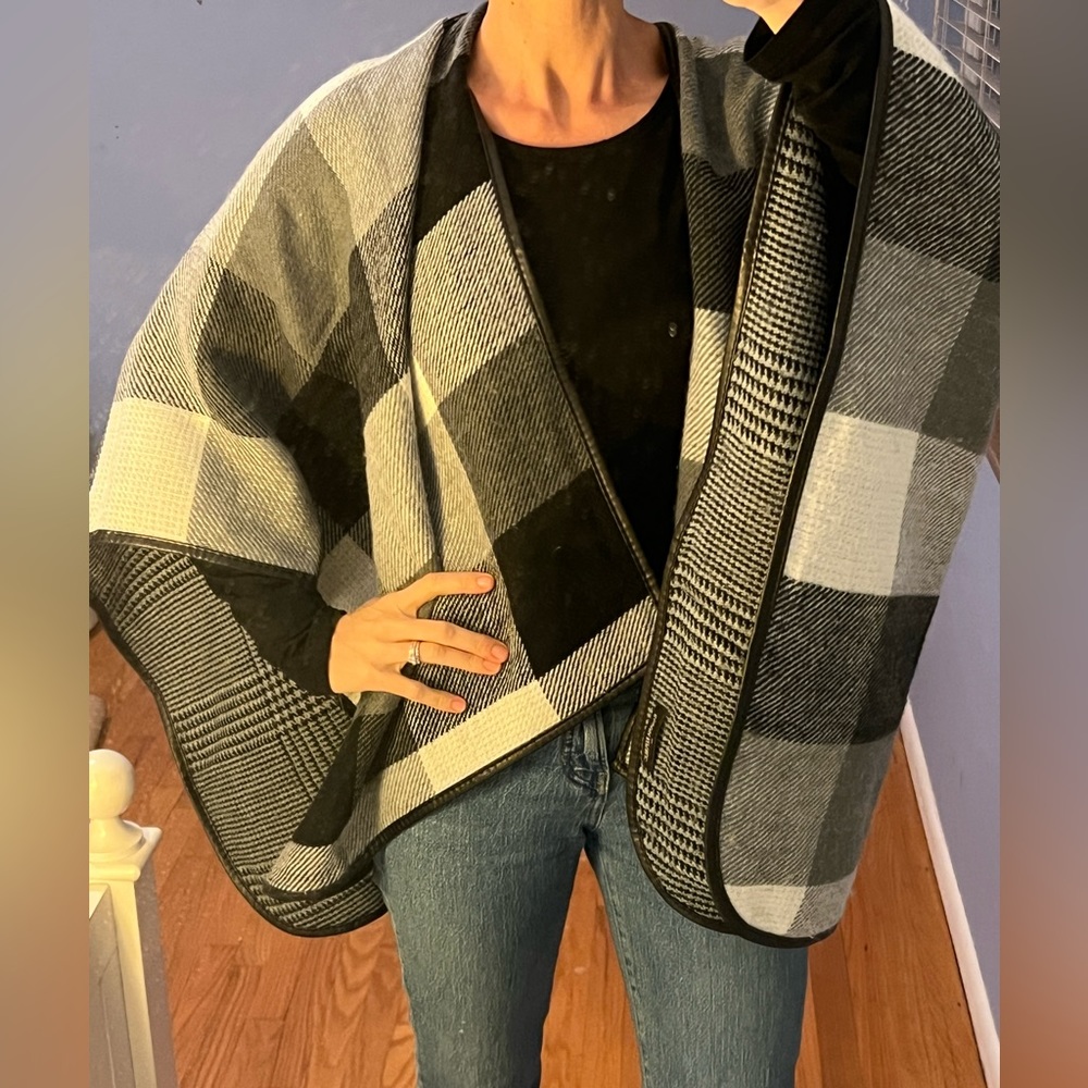 Leather trimmed sweater poncho wrap